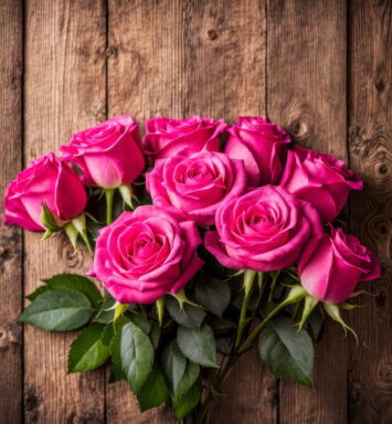 a bouquet of pink roses on a wood surface