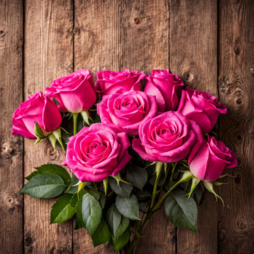 a bouquet of pink roses on a wood surface